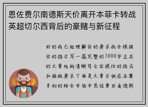 恩佐费尔南德斯天价离开本菲卡转战英超切尔西背后的豪赌与新征程