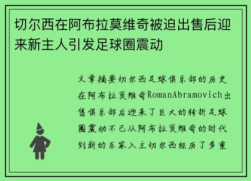 切尔西在阿布拉莫维奇被迫出售后迎来新主人引发足球圈震动 切尔西在阿布拉莫维奇被迫出售后迎来新主人引发足球圈震动