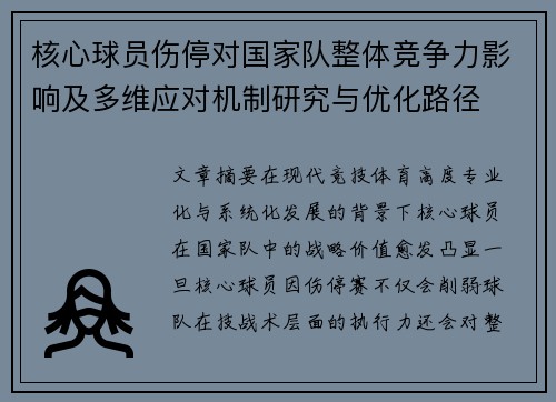 核心球员伤停对国家队整体竞争力影响及多维应对机制研究与优化路径 核心球员伤停对国家队整体竞争力影响及多维应对机制研究与优化路径